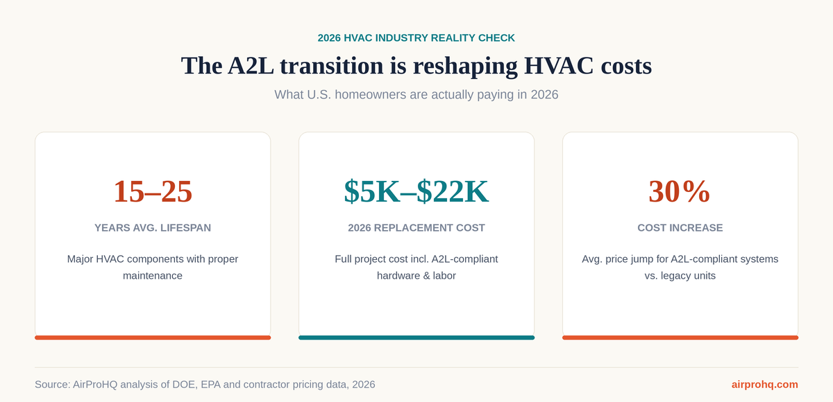 Stat cards showing average HVAC lifespan, 2026 A2L-compliant replacement cost range, and the average price increase versus legacy systems